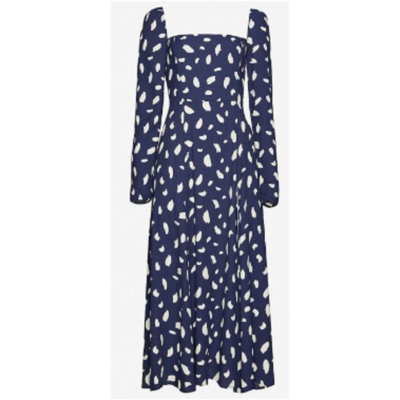 Reformation Dresses & Skirts - Reformation Sigmund Dress Navy Allover Paint-splatter Print Thigh Slit